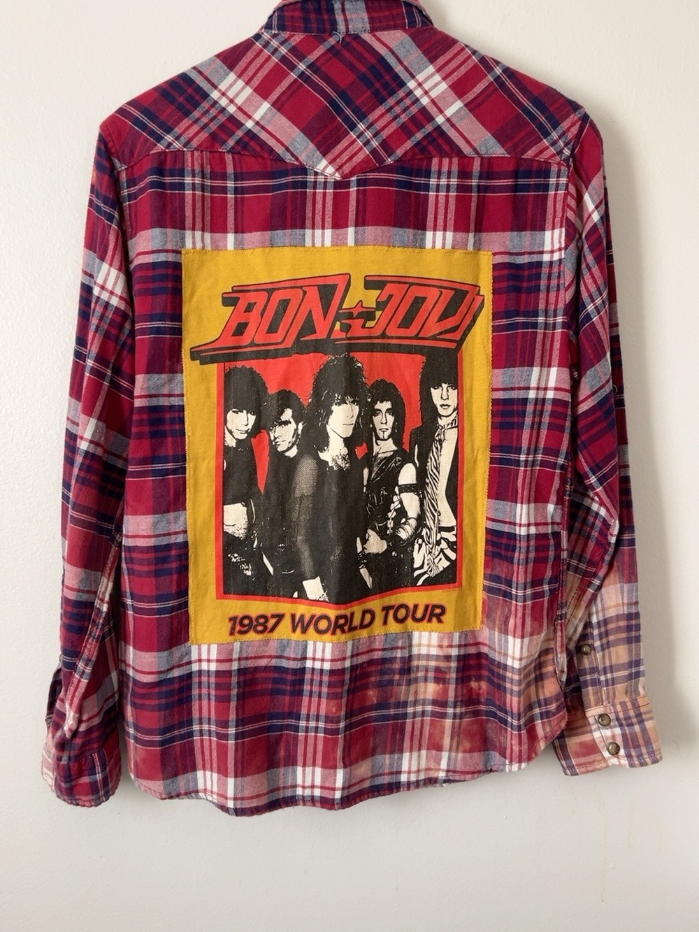 Bon Jovi 1987 World Tour Upcycled Plaid Western Snap Shirt L